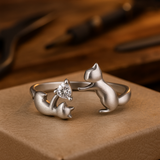 Anillo Ajustable de Plata de Ley con Gato Divertido y Zirconia Cúbica