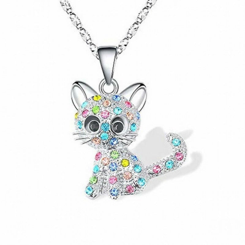 Collar plateado con gatitos y zirconias coloridas