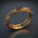 Anillo Exótico Fino con Hoja y Zirconia Azul