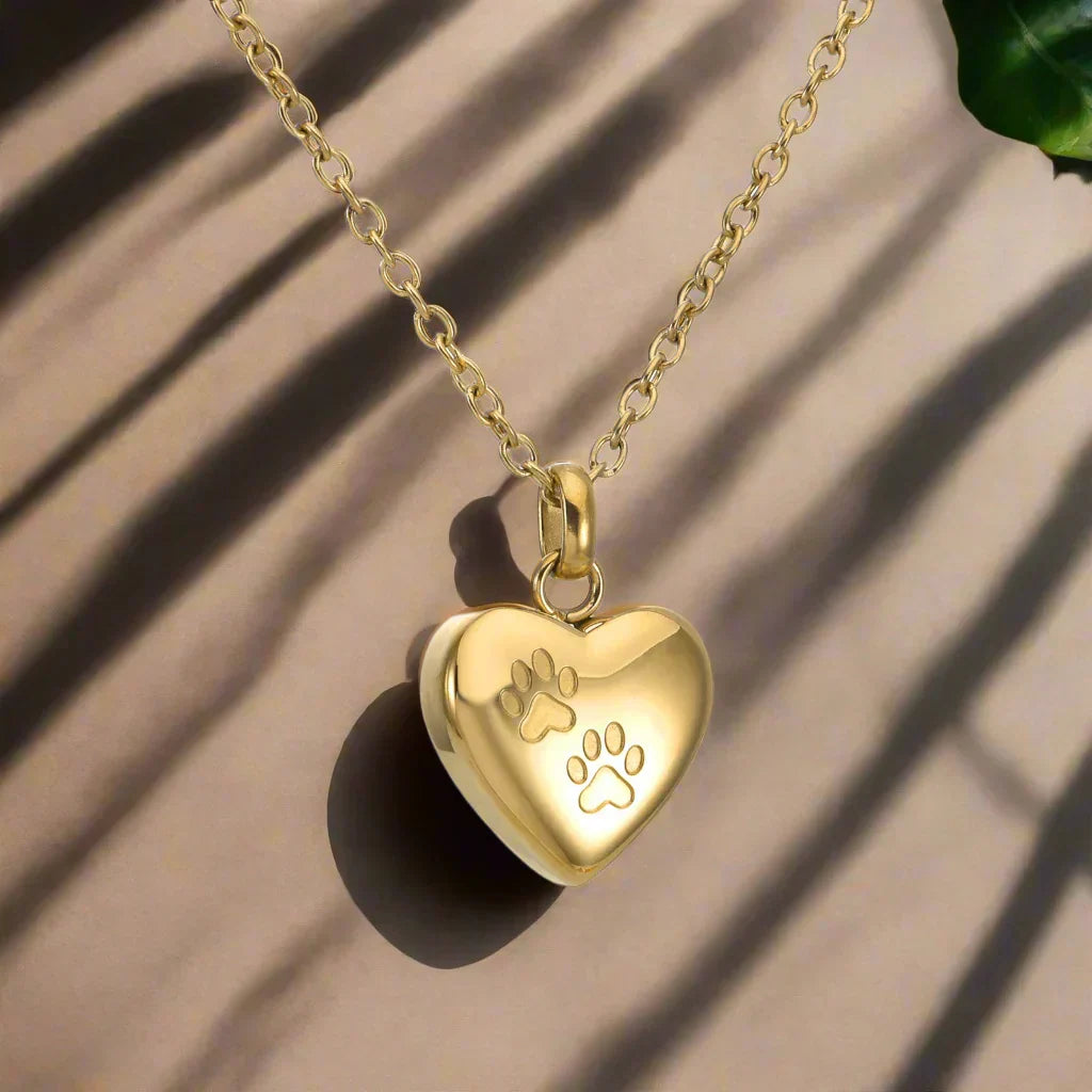 Collar con urna conmemorativa para mascotas – Colgante en forma de corazón con grabado de huella
