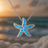 Collar plateado con estrella de mar azul brillante y ópalo
